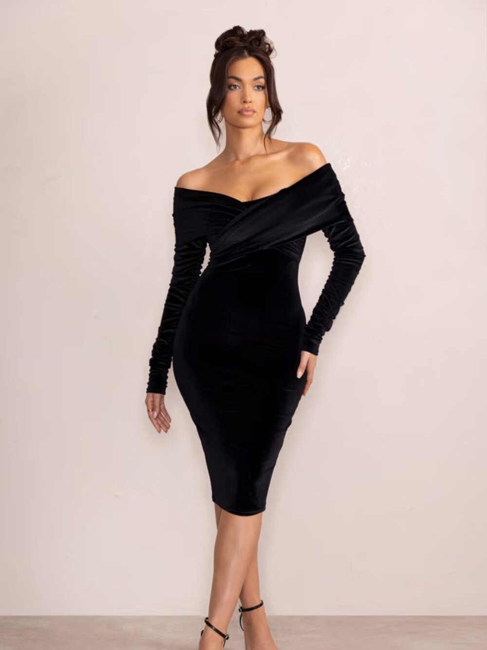 NWT Flatter Me | Black Velvet Twist Front Bardot Midi Dress